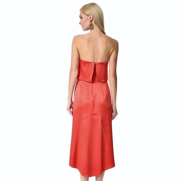 HALSTON HERITAGE STRAPLESS POPOVER SATIN MIDI DRESS - Picture 6 of 9